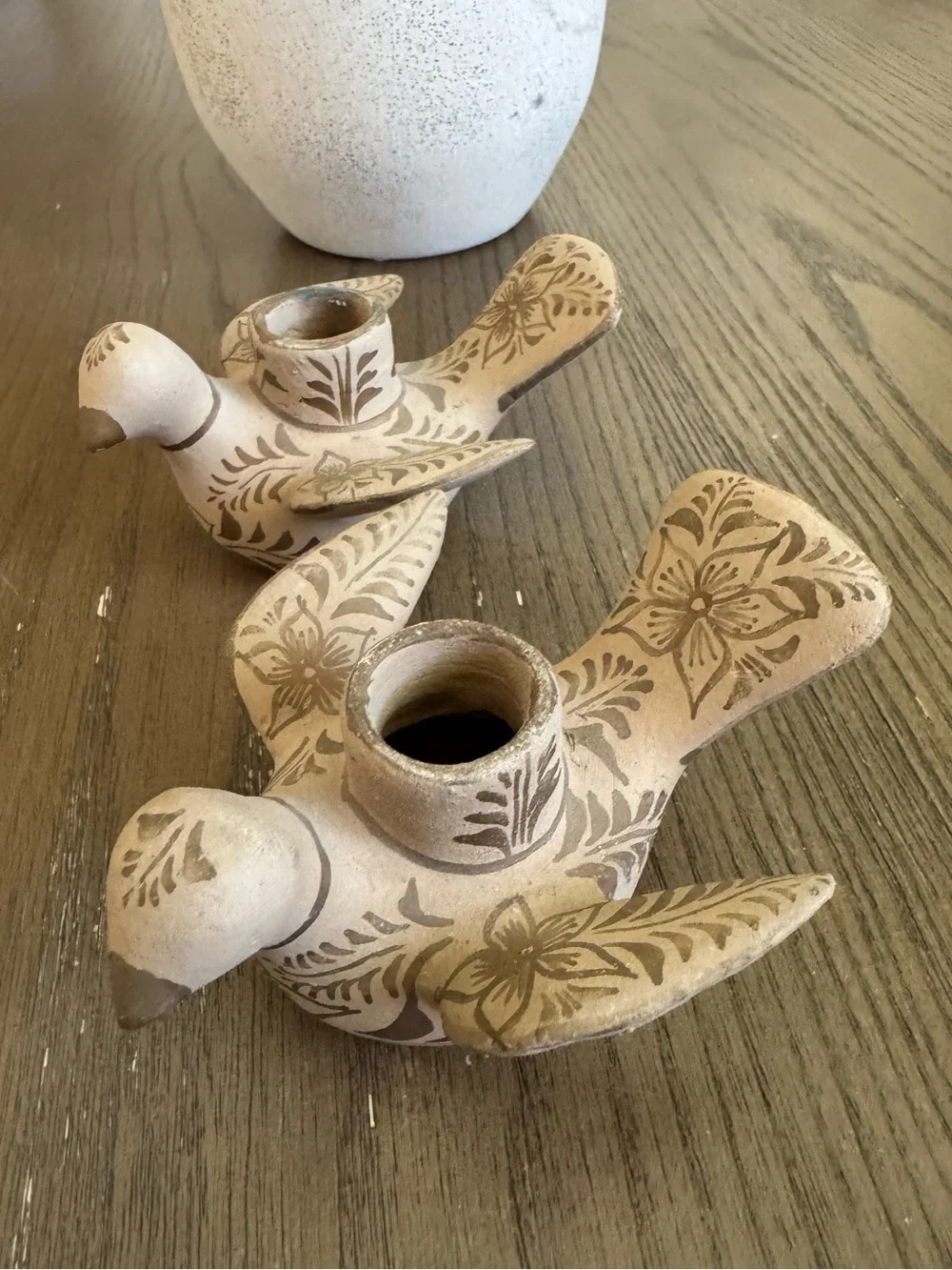 Vintage Hand-Painted Ceramic Bird Candle Holders — Beige